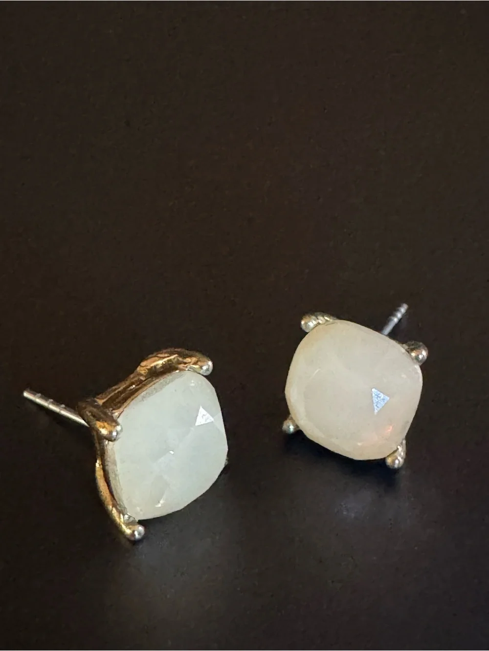 Cushion Cut Opaline Glass Stud Earrings Antique Gold Tone
